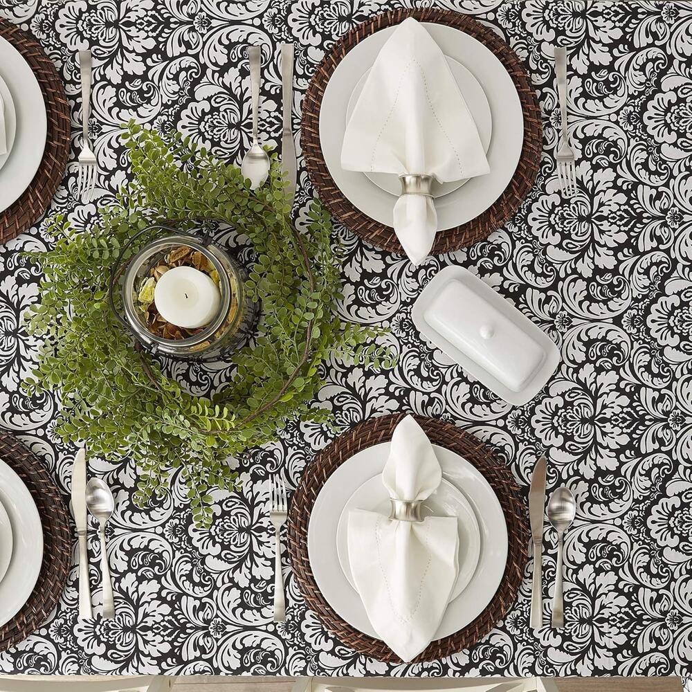 Damask Tango Red 70’ Round Tablecloth, Black